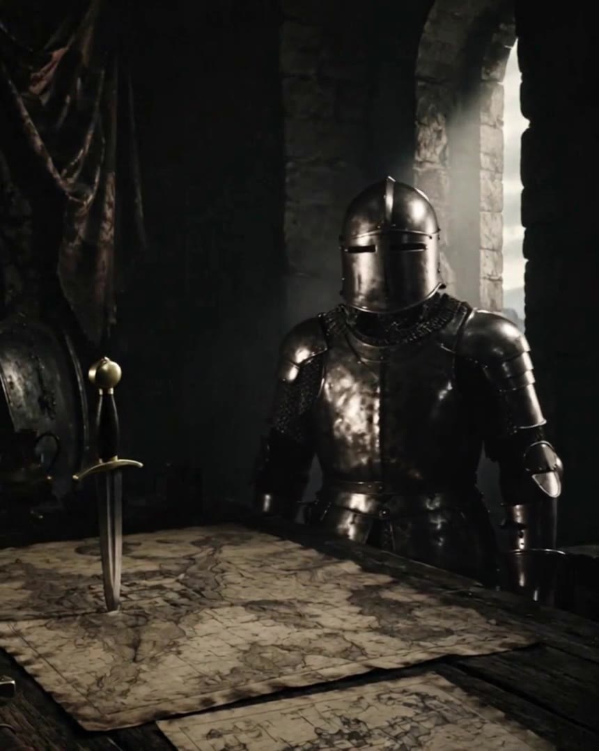 A helmeted medieval knight faces the viewer, a dagger planted in the map table before him.